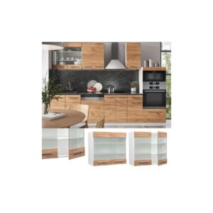 Vicco Hängeglasschrank Küchenschrank Küchenmöbel Fame-Line Weiß Eiche modern 80 cm Küche Einbauküche Hängeschrank Glasschrank Drehtür Einlegeboden Küchenzeile