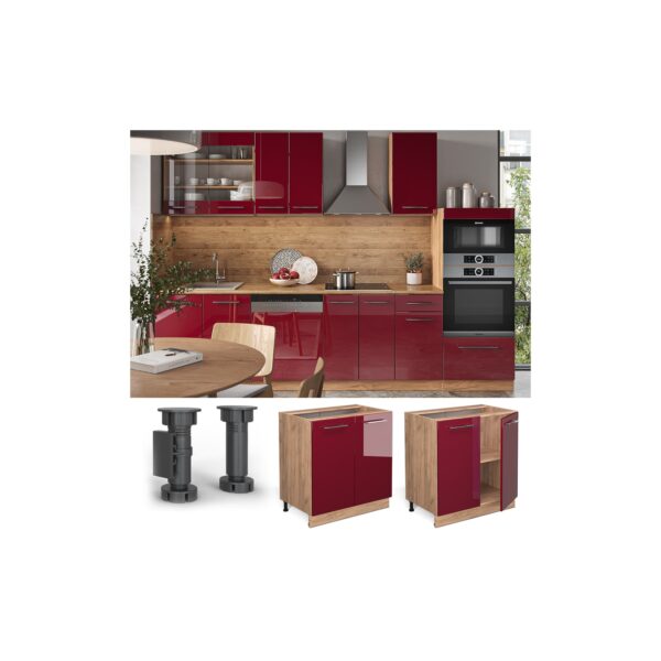 Vicco Unterschrank Küchenschrank Küchenmöbel Fame-Line Eiche Rot Bordeaux modern 80 cm Küche Einbauküche Drehtür Einlegeboden Blende Küchenzeile Hochglanz