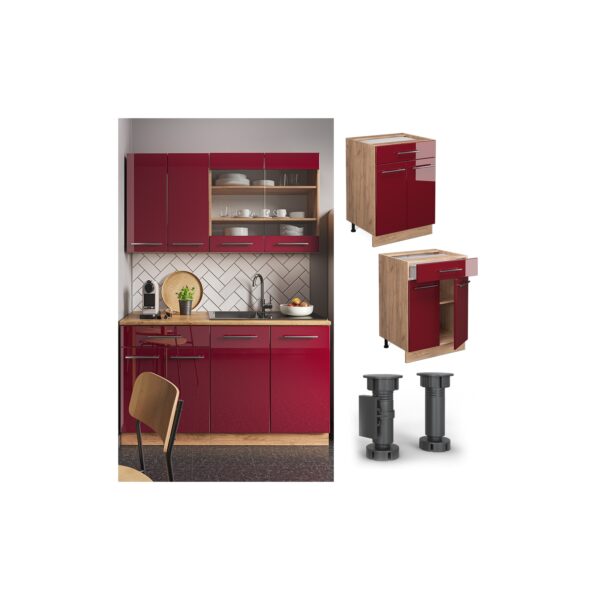 Vicco Schubunterschrank Küchenschrank Küchenmöbel Fame-Line Eiche Rot Bordeaux modern 60 cm Küche Einbauküche Drehtür Schublade Einlegeboden Blende Küchenzeile Hochglanz