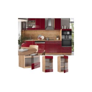 Vicco Hängeglasschrank Küchenschrank Küchenmöbel Fame-Line Eiche Rot Bordeaux modern 40 cm Küche Einbauküche Hängeschrank Glasschrank Drehtür Einlegeboden Küchenzeile Hochglanz