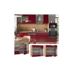 Vicco Hängeglasschrank Küchenschrank Küchenmöbel Fame-Line Eiche Rot Bordeaux modern 80 cm Küche Einbauküche Hängeschrank Glasschrank Drehtür Einlegeboden Küchenzeile Hochglanz