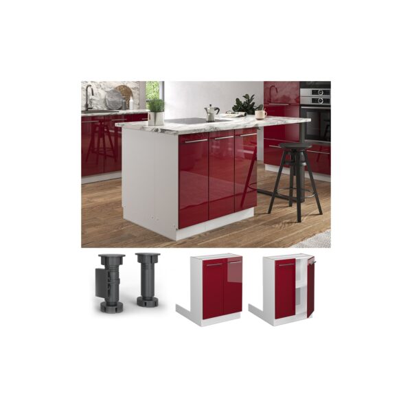 Vicco Regalinselunterschrank Küchenschrank Küchenmöbel Fame-Line Weiß Bordeaux Rot 60 cm modern Hochglanz Küche Einbauküche Kücheninsel Drehtür Einlegeboden Blende Küchenunterschrank Küchenzeile