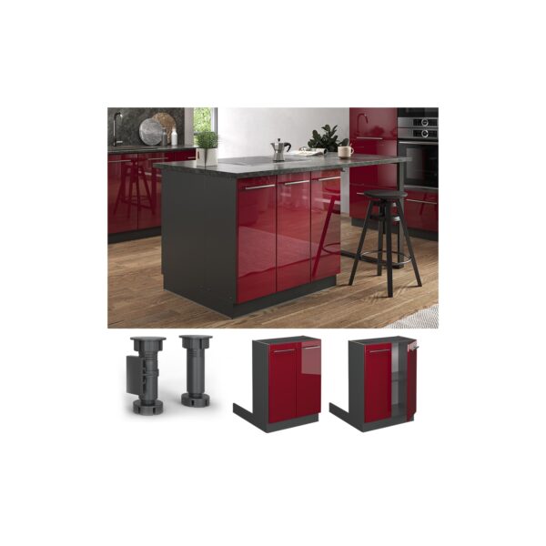 Vicco Regalinselunterschrank Küchenschrank Küchenmöbel Fame-Line Anthrazit Bordeaux Rot 60 cm modern Hochglanz Küche Einbauküche Kücheninsel Drehtür Einlegeboden Blende Küchenunterschrank Küchenzeile