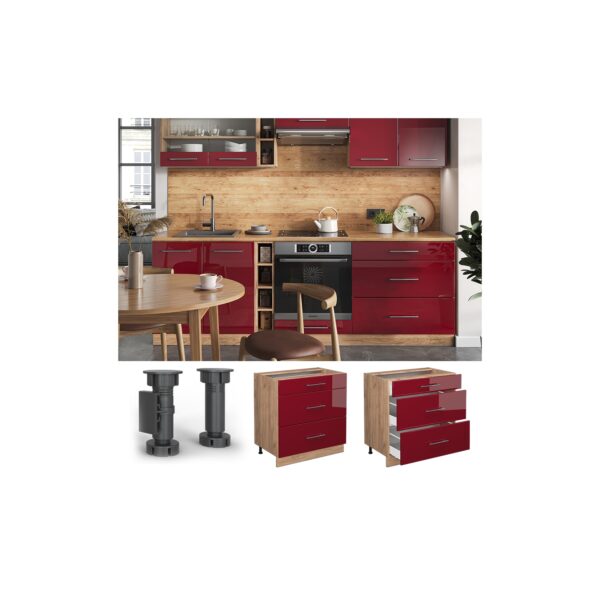 Vicco Schubladenunterschrank Küchenschrank Küchenmöbel Fame-Line Eiche Bordeaux Rot 80 cm modern Hochglanz Küche Einbauküche Drehtür Blende Schublade Küchenunterschrank Küchenzeile