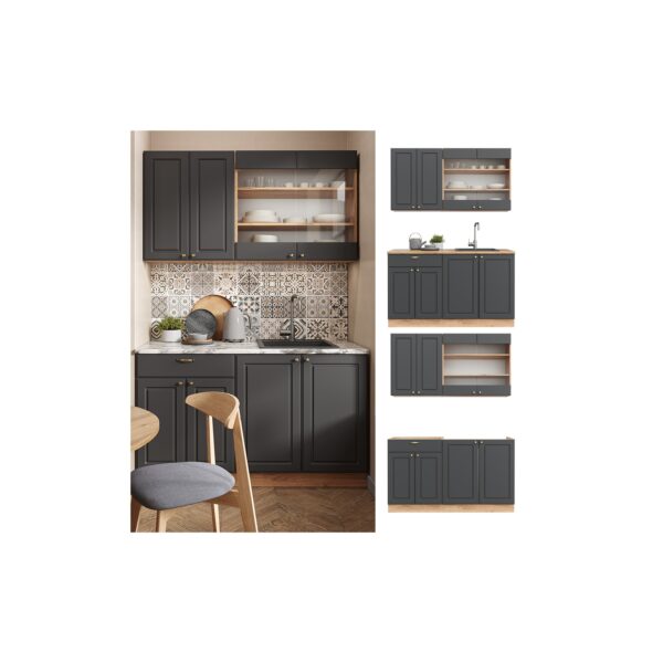 Vicco Küchenzeile Küchenblock Einbauküche Fame-Line Single Landhaus Eiche Anthrazit Gold 140 cm modern Küchen Schränke Spülenunterschrank Schubunterschrank Hängeschrank Hängeglasschrank