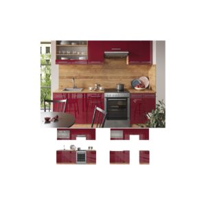 Vicco Küchenzeile Küchenblock Einbauküche Fame-Line Eiche Rot Bordeaux 240 cm modern Küchen Schränke Spülenunterschrank Schubunterschrank Hängeschrank Hängeglasschrank Hochglanz