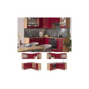 Vicco Eckküche Küchenzeile Einbauküche Fame-Line Eiche Bordeaux Rot 190 cm modern Schubunterschrank Spülenunterschrank Eckunterschrank Herdumbauschrank Hängeglasschrank Hängeschrank Hochglanz