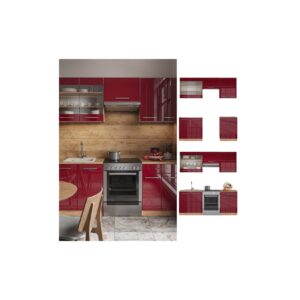 Vicco Küchenzeile Küchenblock Einbauküche Fame-Line Eiche Bordeaux Rot 200 cm modern Küchen Schränke Schubunterschrank Spülenunterschrank Hängeschrank Hängeglasschrank Hochglanz