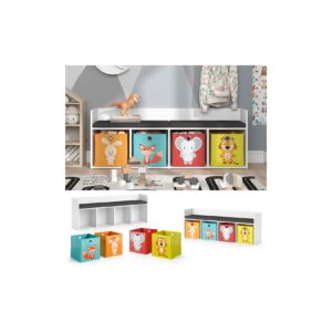 Vicco Sitzbank Kinderzimmerbank Kinderregal Luigi Weiß 142x53 cm modern Faltbox Kinderzimmer Regal Aufbewahrungsregal Bücherregal Lesebank Spielzeugaufbewahrung Organizer Regal-Bank-Kombi 4 Fächer