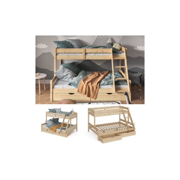 VitaliSpa Hochbett Kinderbett Spielbett Everest Natur modern 140x200 Massivholz Kinderzimmer Bett Lattenrost Bettleiter Kletterbett Doppelbett Geschwisterbett Bettschublade Rollschublade