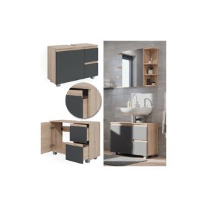 Vicco Waschtischunterschrank Waschbeckenunterschrank Badschrank J-shape Sonoma Anthrazit modern 80x61cm Badezimmer Schrank Badmöbel Schranktür Schrankschublade Aufbewahrung