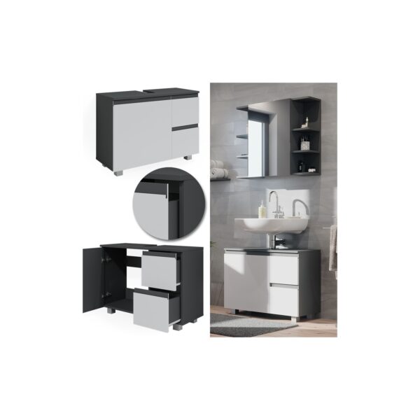 Vicco Waschtischunterschrank Waschbeckenunterschrank Badschrank J-shape Anthrazit Weiß modern 80x61cm Badezimmer Schrank Badmöbel Schranktür Schrankschublade Aufbewahrung