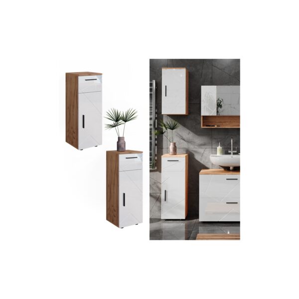 Vicco Midischrank Badschrank Badezimmermöbel Irma Eiche Weiß Hochglanz modern 30x81 cm Badezimmer Schrank Badkommode Badmöbel Schrankschublade Schranktür