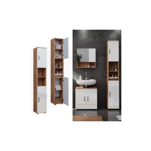 Vicco Hochschrank Badschrank Badezimmermöbel Irma Eiche Weiß Hochglanz modern 30x192 cm Badkommode Badezimmer Schrank Badmöbel 2 Türen 6 Fächer