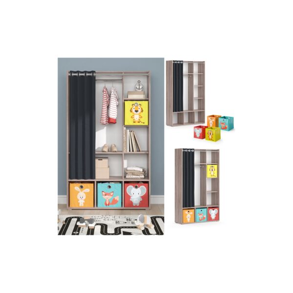 Vicco Kinderkleiderschrank Kinderzimmerschrank Kindergarderobe Luigi Sonoma Faltbox 106 x 178 cm modern Schrankregal Jugendzimmerschrank Organizer Vorhang Kleiderstange Fächer Aufbewahrung Spielzeugablage