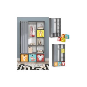 Vicco Kinderkleiderschrank Kinderzimmerschrank Kindergarderobe Luigi Grau Faltbox 106 x 178 cm modern Schrankregal Jugendzimmerschrank Organizer Vorhang Kleiderstange Fächer Aufbewahrung Spielzeugablage