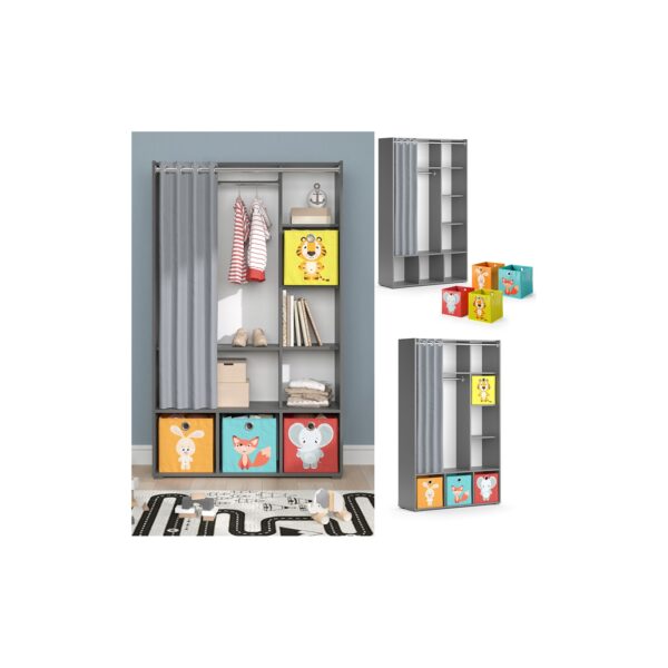 Vicco Kinderkleiderschrank Kinderzimmerschrank Kindergarderobe Luigi Grau Faltbox 106 x 178 cm modern Schrankregal Jugendzimmerschrank Organizer Vorhang Kleiderstange Fächer Aufbewahrung Spielzeugablage