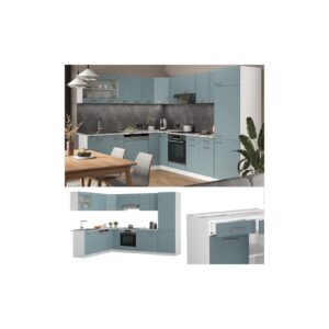 Vicco Eckküche R-Line Solid Weiß Blau Grau 287x227 cm Arbeitsplatte modern Küchenschränke Küchenmöbel