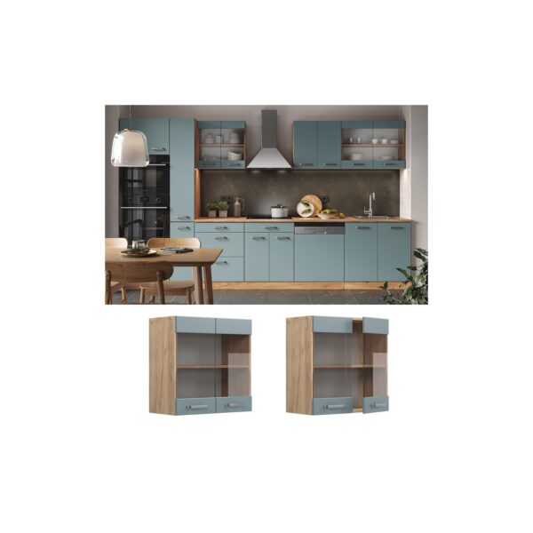 Vicco Glashängeschrank Küchenschrank R-Line Solid Eiche Blau Grau 60 cm modern