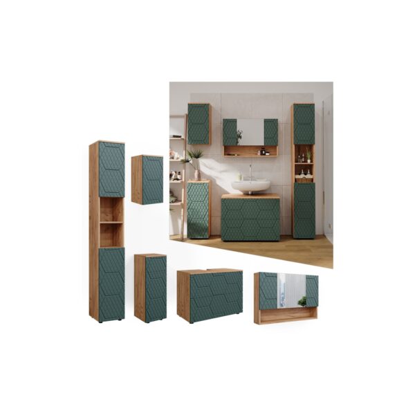 Vicco Badmöbel-Set Irma Eiche Grün 5-teilig Hochschrank Midischrank 81 cm