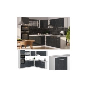 Livinity Eckküche R-Line 247x237 cm Schwarz Beton Weiß ohne Arbeitsplatte